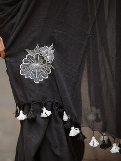 Embroidery Mul Mul Cotton black Saree