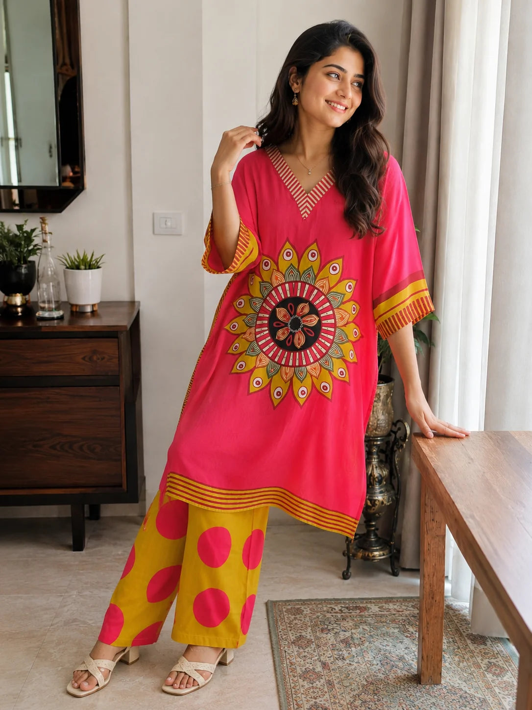 Crimson Mandala Printed Kaftan Set for Women