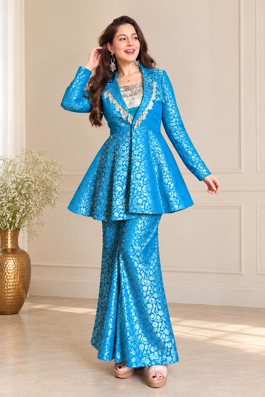 Azure Bloom Embroidered Western Fusion Set