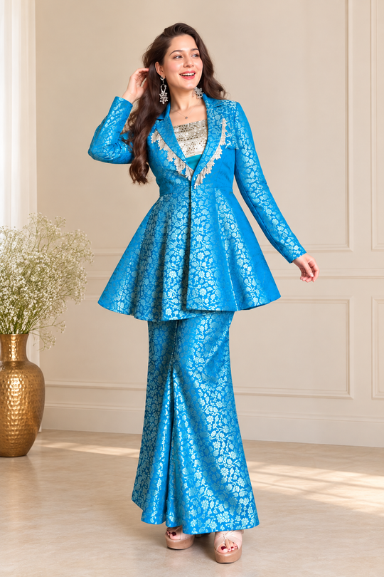 Azure Bloom Embroidered Western Fusion Set