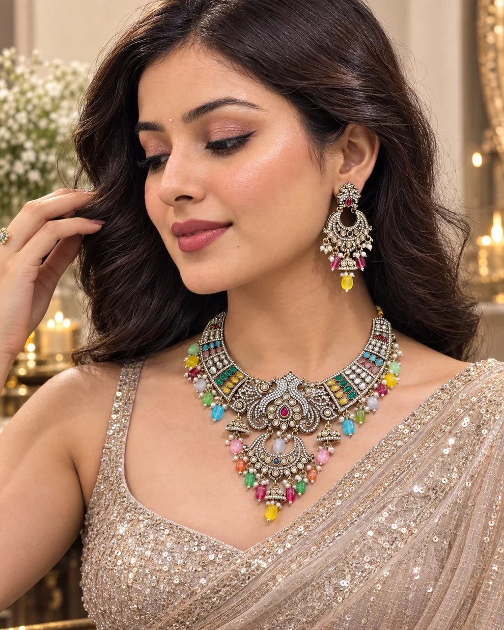 Noor-e-Mahal Navratan Necklace Set