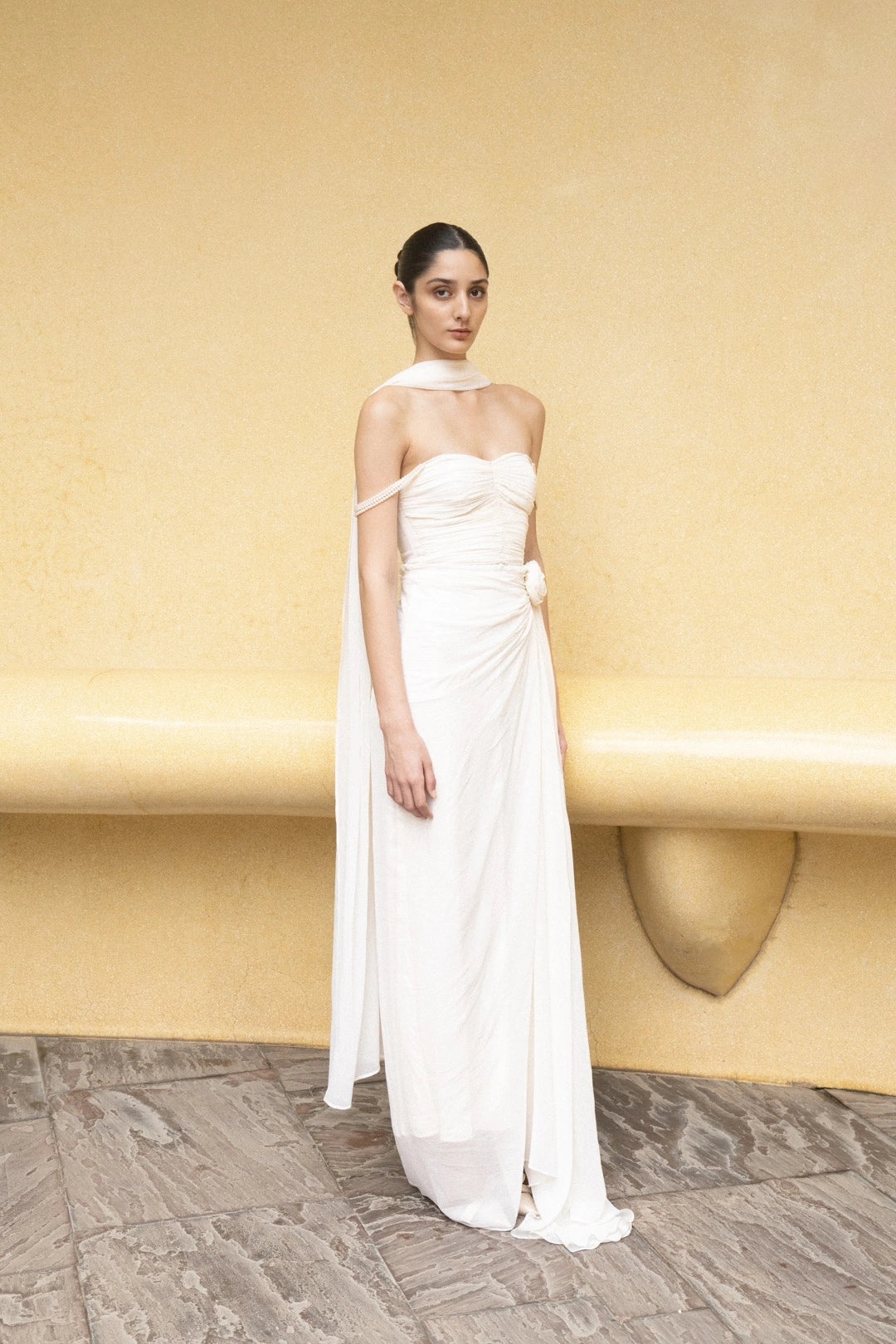 Ivory Pearl Cascade Off-Shoulder Gown