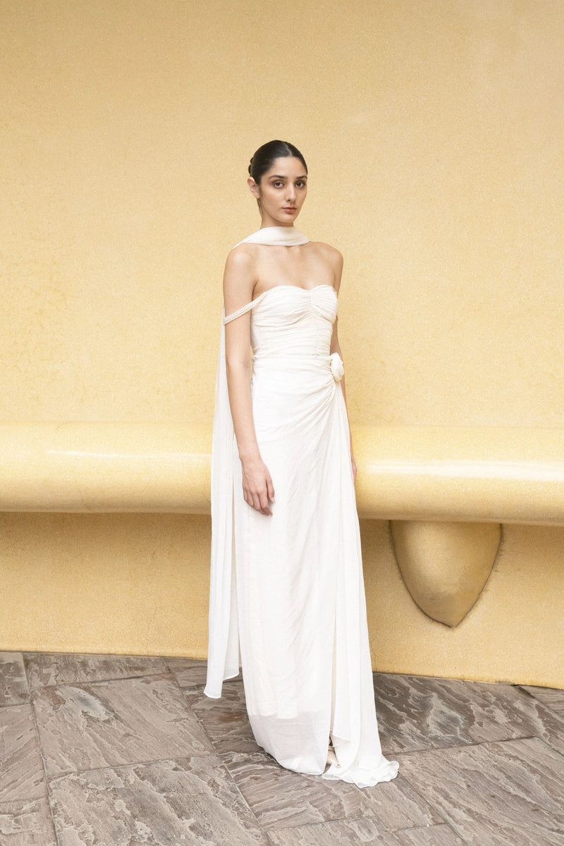 Ivory Pearl Cascade Off-Shoulder Gown