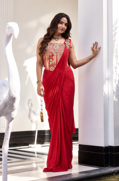 Laal Rang Red Pure Chinon Pre-Draped Saree with Jacquard Blouse