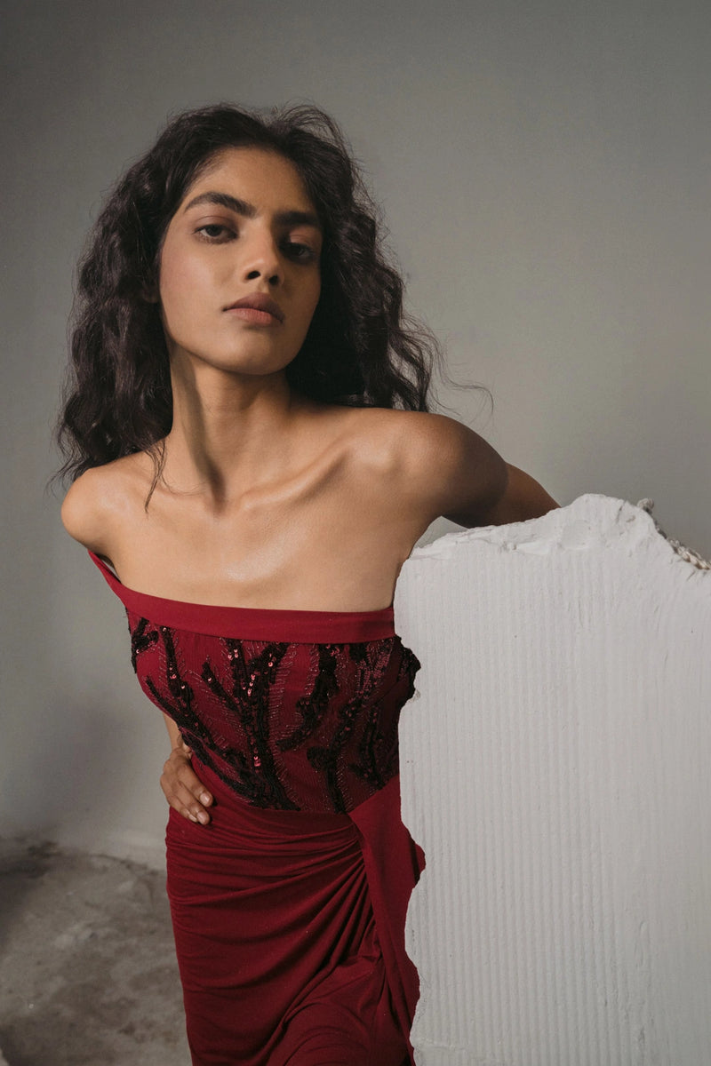 Burgundy Sequin Draped Glamour Gown