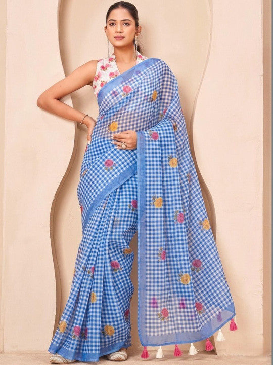 Silk  Floral Checked Woven Design Border Saree