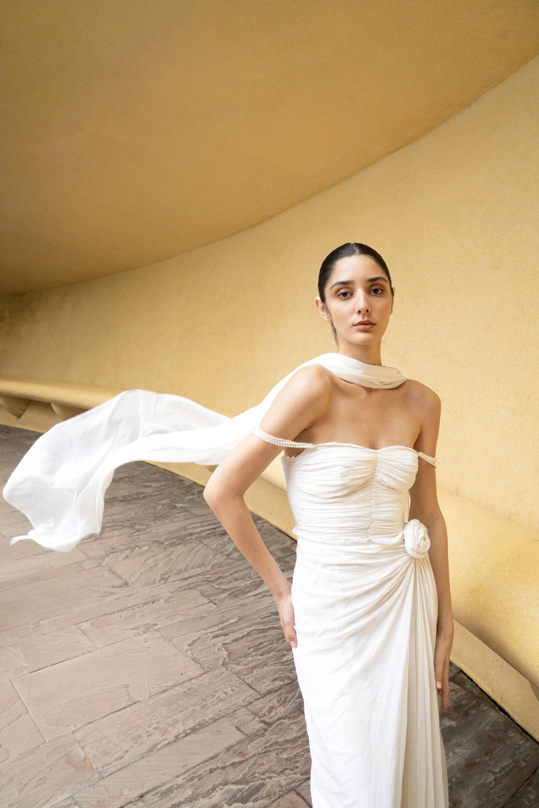 Ivory Pearl Cascade Off-Shoulder Gown