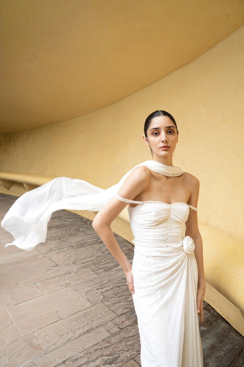 Ivory Pearl Cascade Off-Shoulder Gown