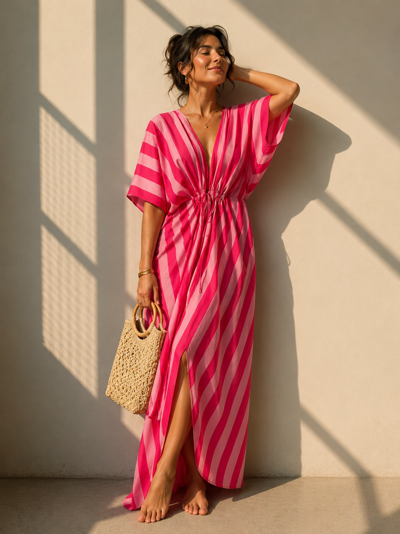 Sunset Pink Striped Long Kaftan Dress