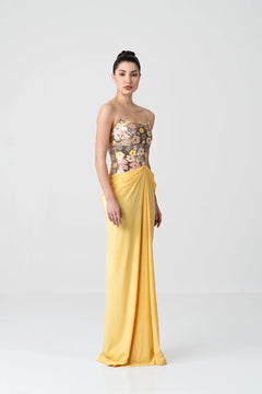 Golden Bloom Sequin Draped Gown
