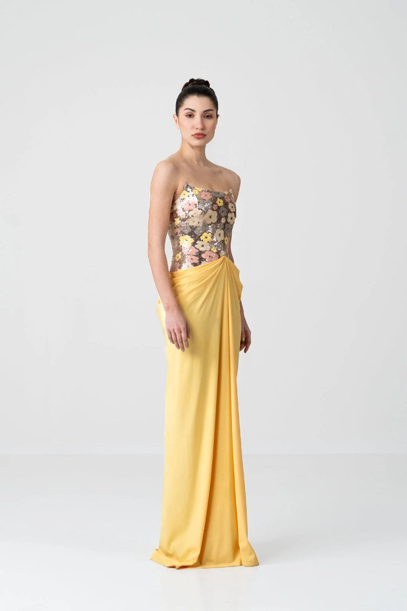 Golden Bloom Sequin Draped Gown