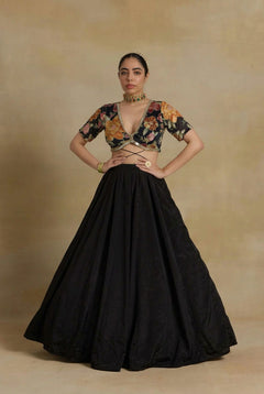 Noir Elegance Embroidered Chinnon Lehenga Set