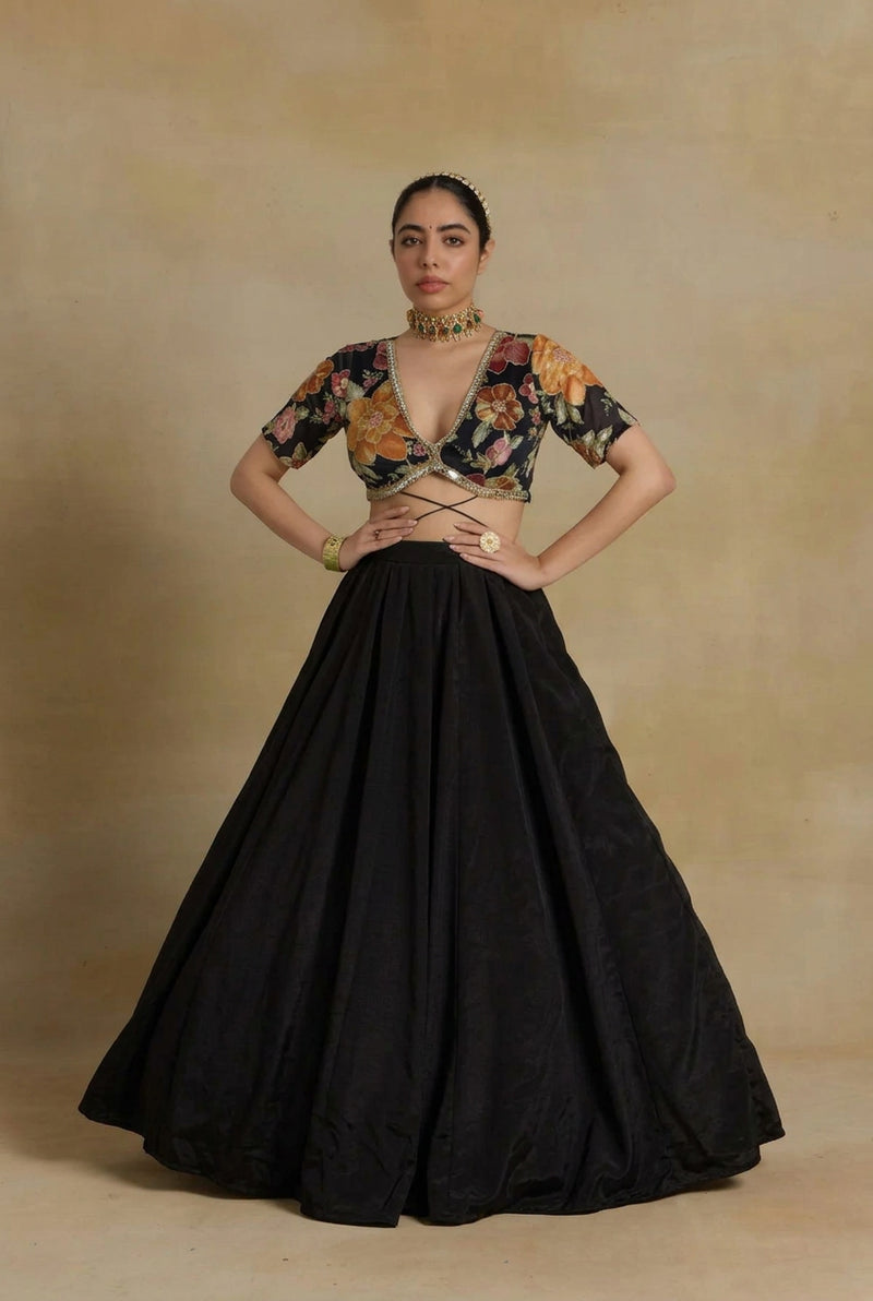 Noir Elegance Embroidered Chinnon Lehenga Set