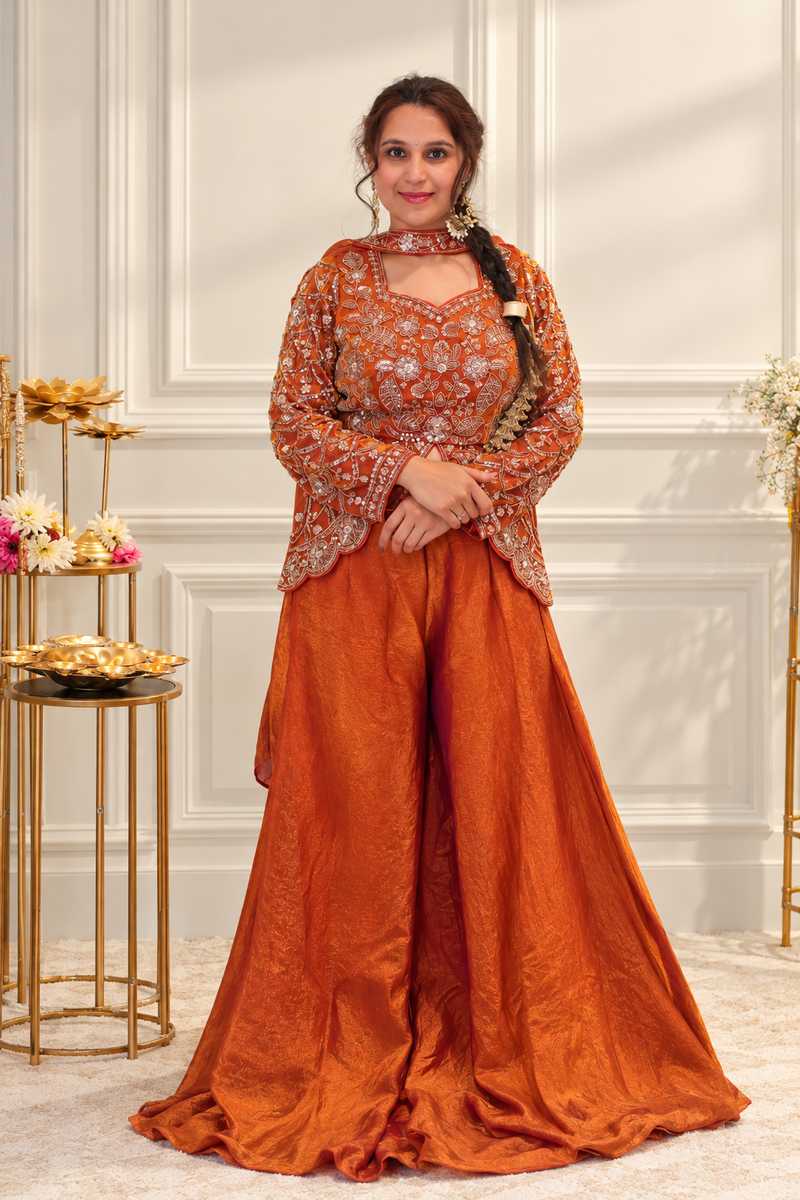 Rust Orange Embroidered Festive Palazzo Set with Dupatta