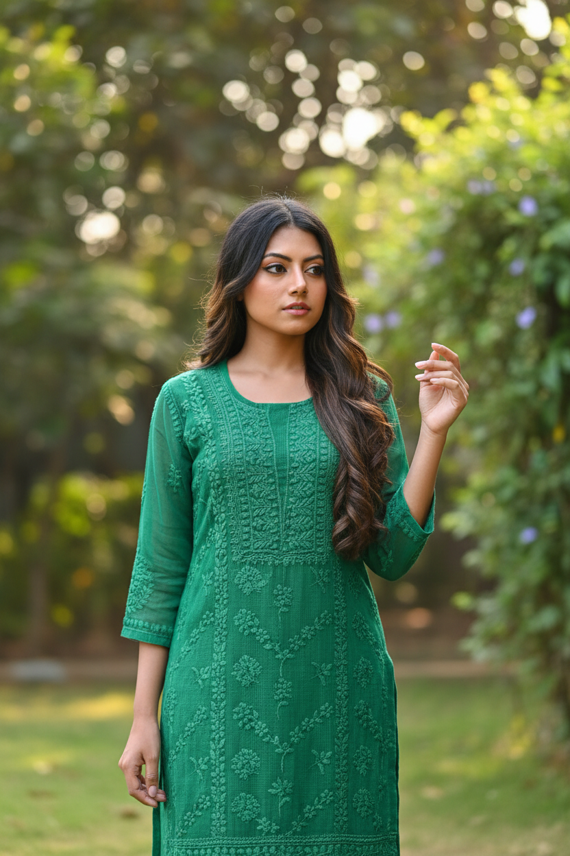Noor Pista Pure Kota  Chikankari Kurta Set