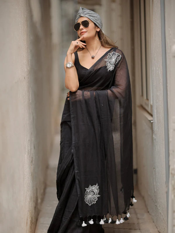 Embroidery Mul Mul Cotton black Saree