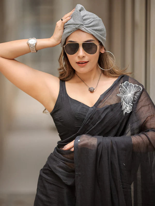 Embroidery Mul Mul Cotton black Saree