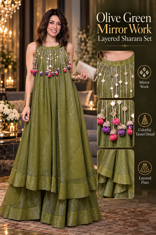 Olive Green Mirror Work Layered Sharara Set
