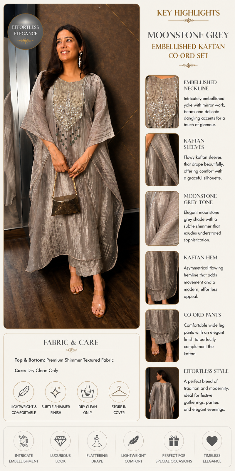 Moonstone Grey Embellished Kaftan Co-Ord Set