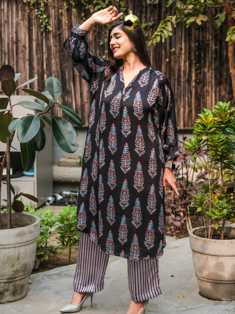 Black Luster Modal Satin Ajrakhi Co-Ord Set