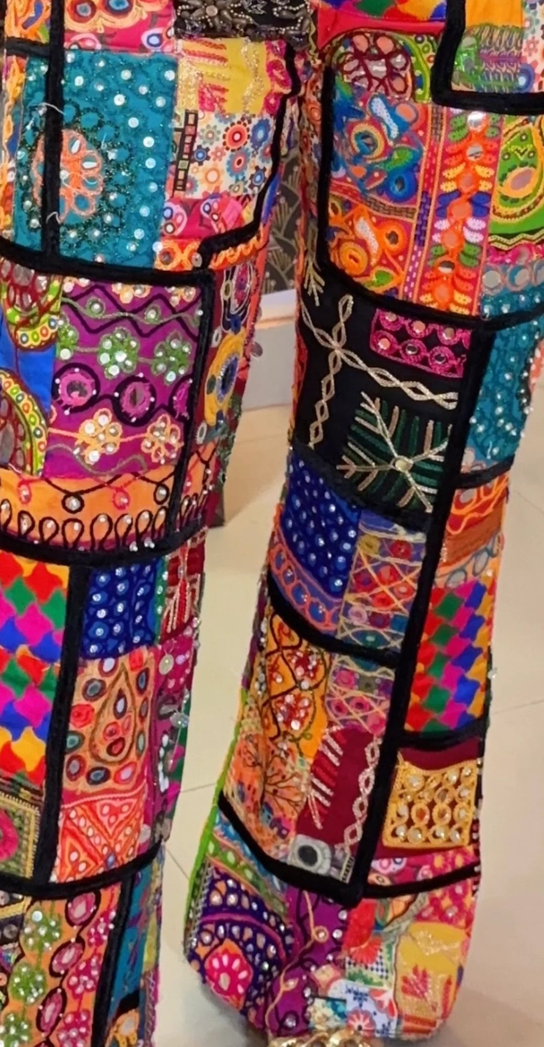 Embroidered Cotton Patchwork Flared Pants