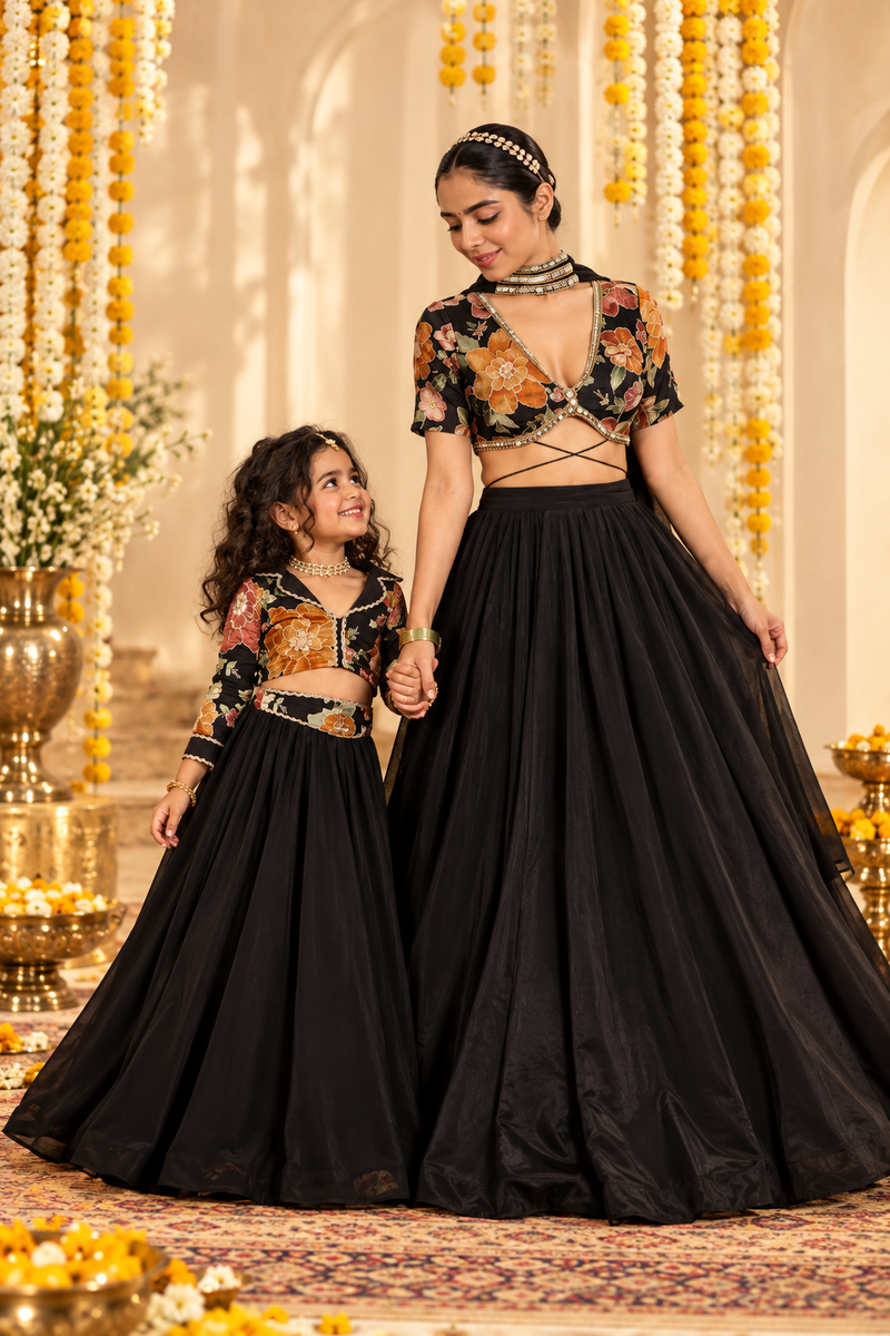 Noir Elegance Embroidered Chinnon Lehenga Set
