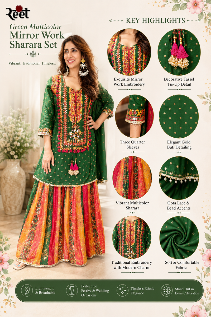 Multicolor Crepe Mirror Work Sharara Set