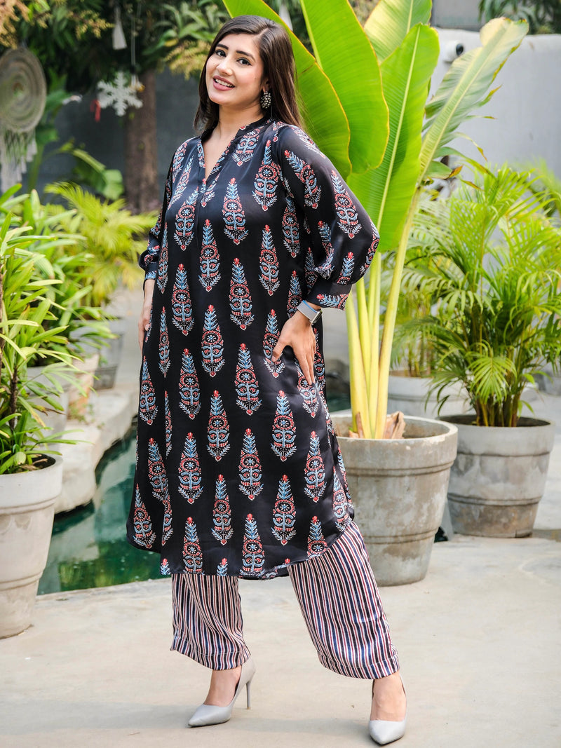 Black Luster Modal Satin Ajrakhi Co-Ord Set