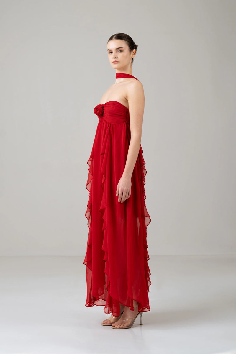 Crimson Rose Cascade Maxi Dress