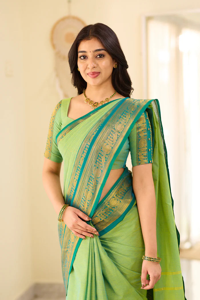 Mint Aura Chettinad Cotton Saree with Zari Border