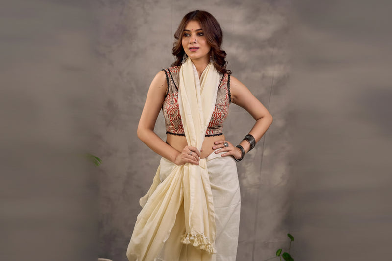 Rust Cotton Saree with Printed Sleeveless Blouse and  Black Piping Detail
