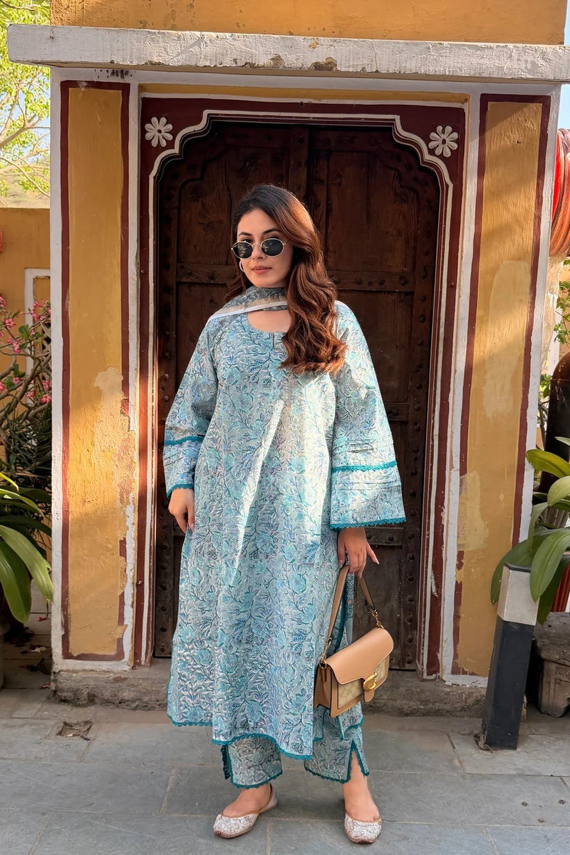 Meher Neel Handblock Floral Suit Set