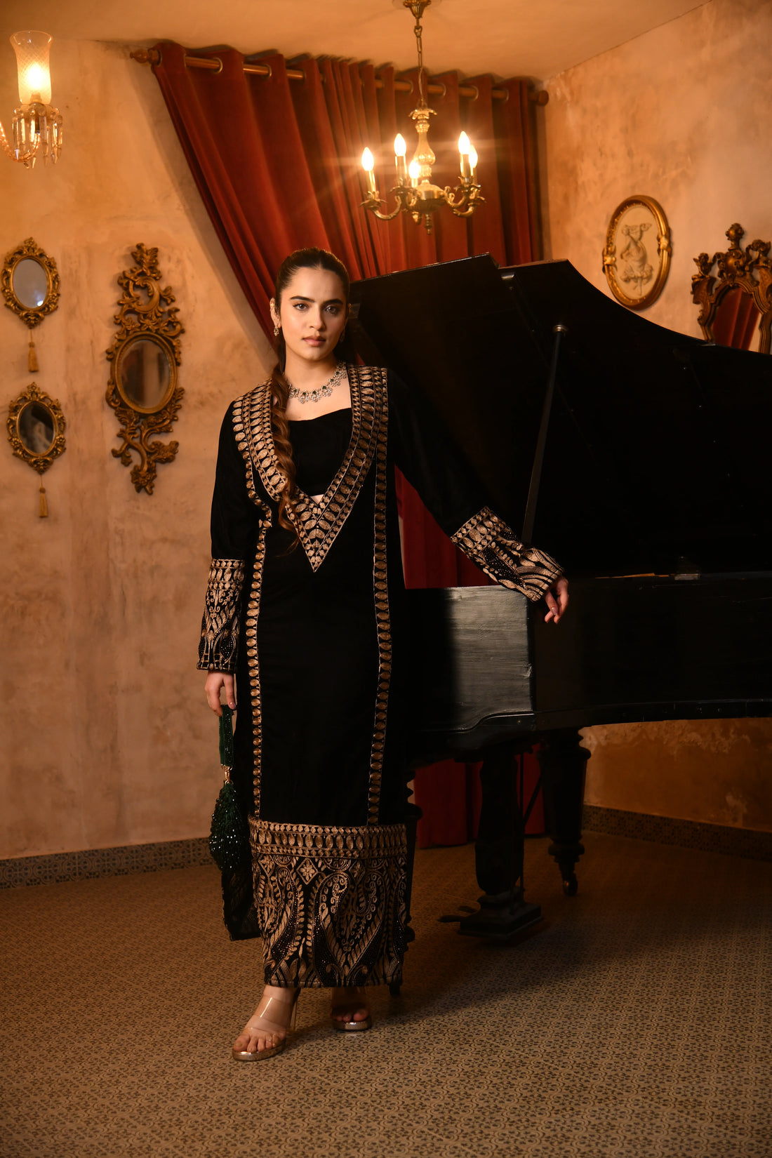Royal Noir Embroidered Velvet Kaftan