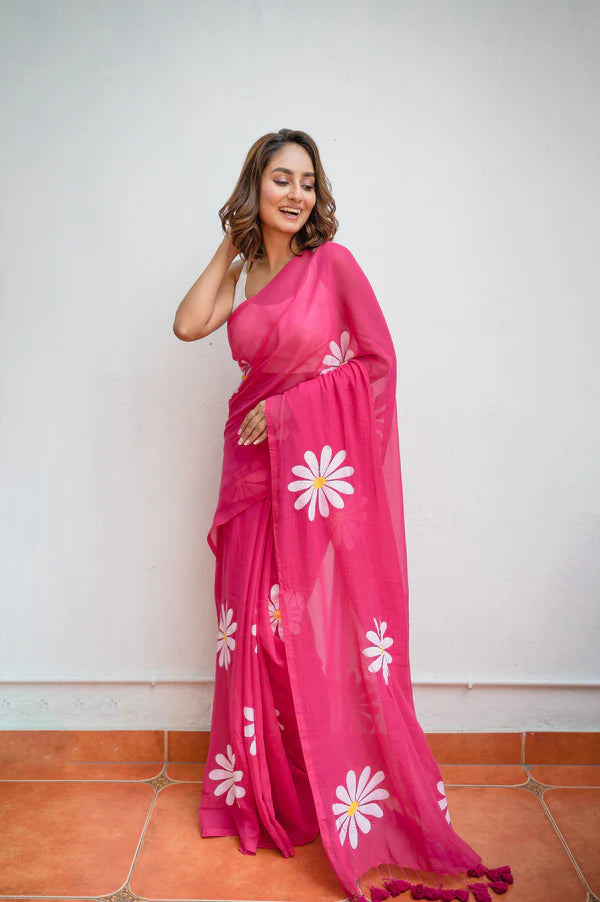 Hot Pink Handpainted Mulmul Cotton Saree- By Reet Lifestyle