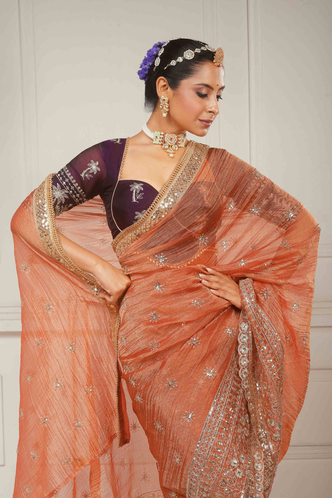 Crush Tissue Saree with Dark Wine Shimmer Tissue Blouse