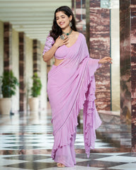 Lavender Georgette Solid Pre-Draped Saree with Blouse