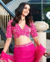 Razzle Pink Embroidered Silk Lehenga Set