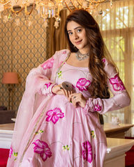 Handpainted Muslin Pink Asavari Suit Set