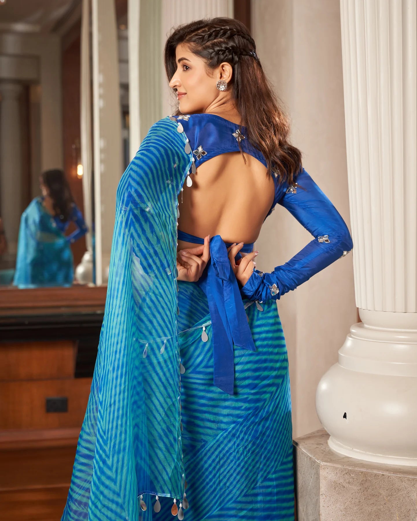 Blue Leheriya Organza Pre Draped Saree