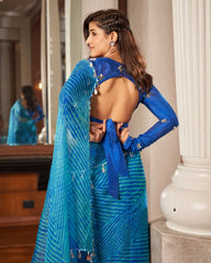 Blue Leheriya Organza Pre Draped Saree
