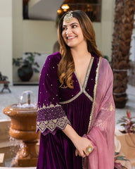 Jamni Purple Velvet Embroidered Kurti Suit