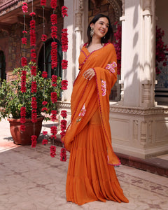 Orange Mirror Work Hand painted Georgette Pre-Draped Saree with Blouse