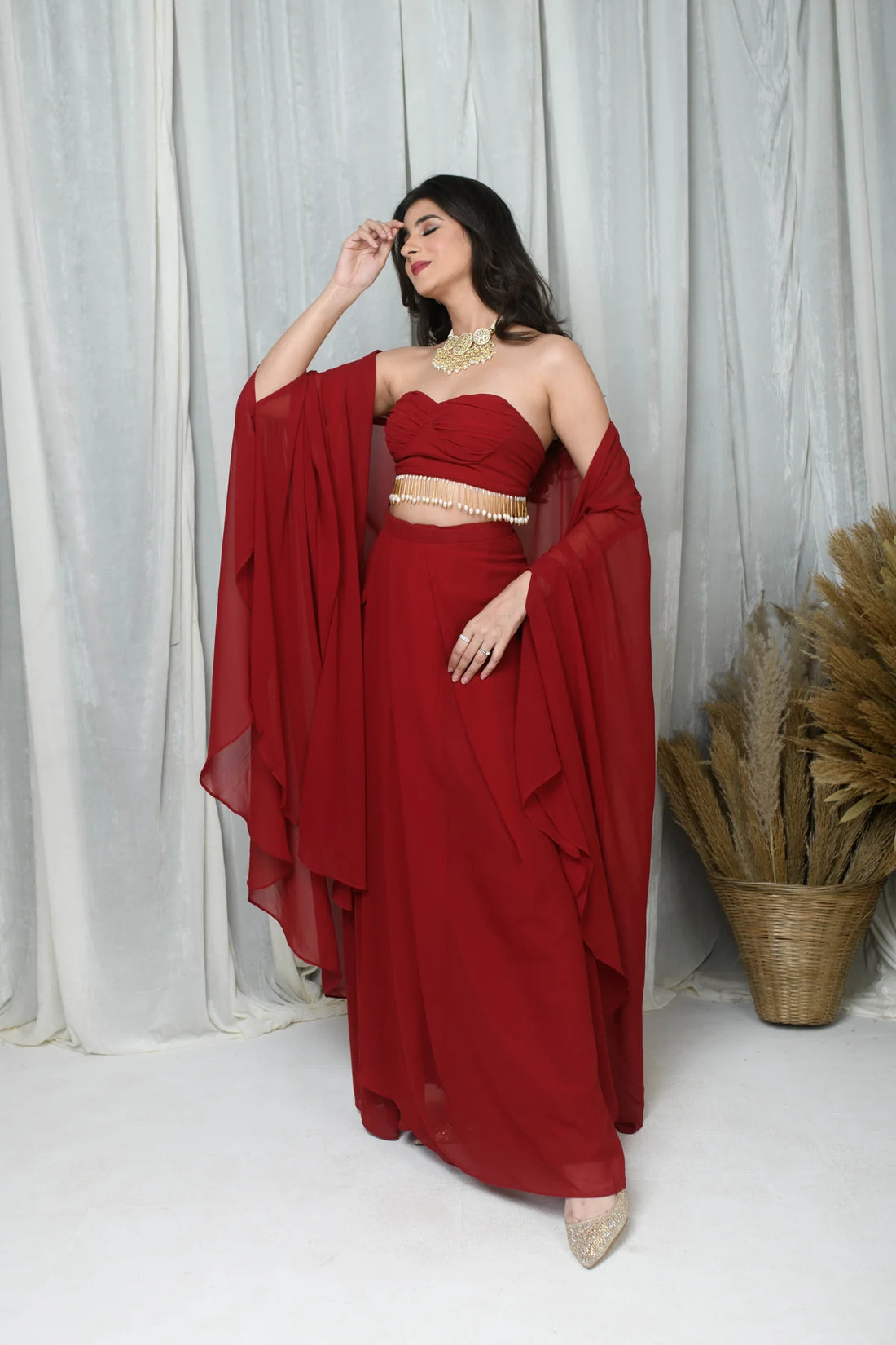 Red Cape and Drape Skirt Set- By Reet Lifestyle