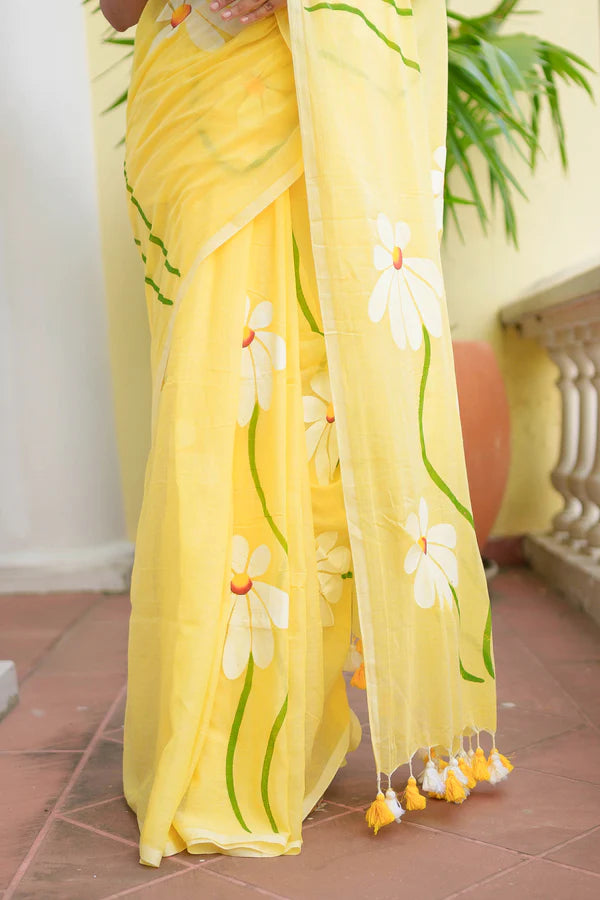 Yellow Hand Painted Mulmul Cotton Saree- By Reet Lifestyle