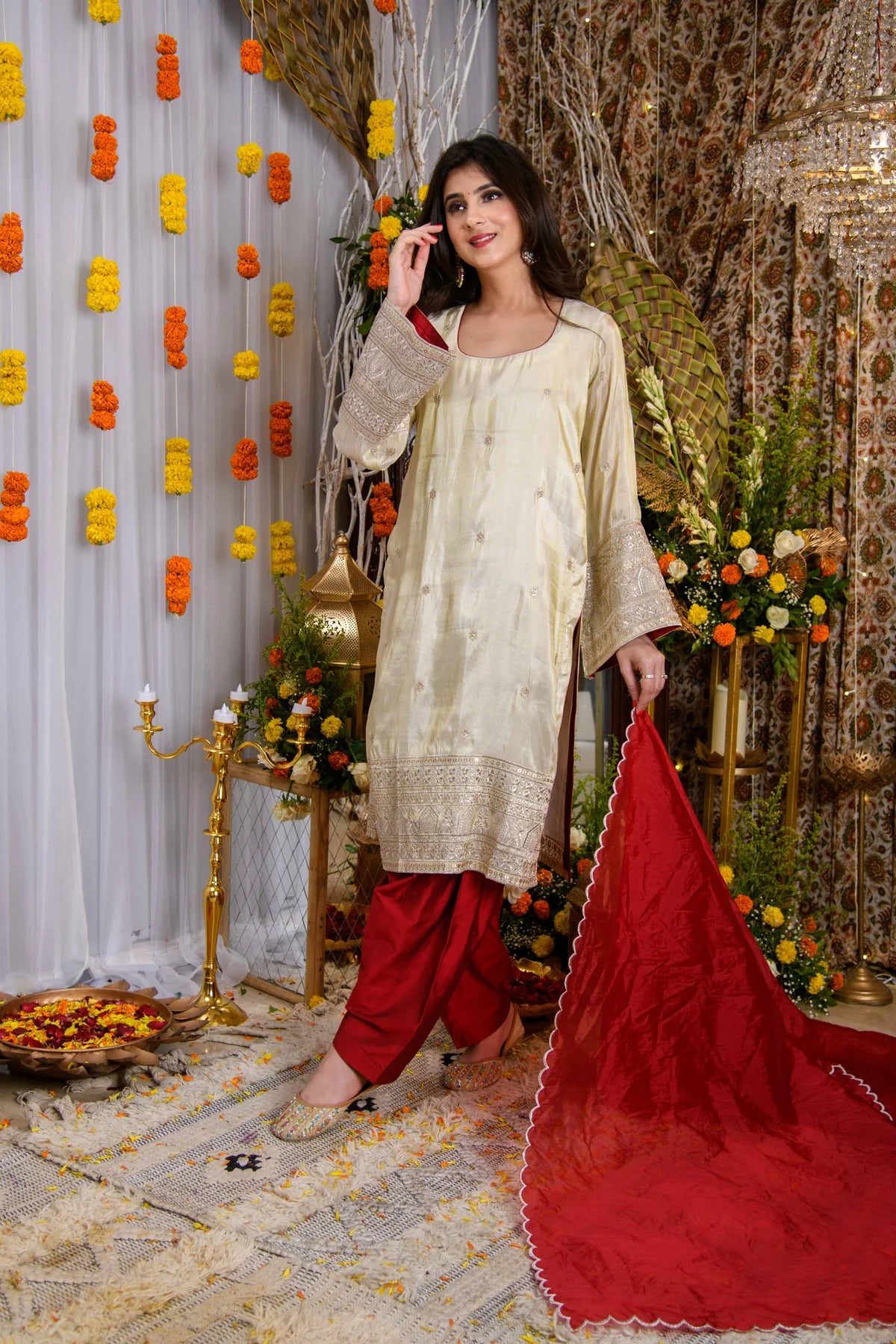 Beige And Red Tissue Kurta Set- By Reet Lifestyle
