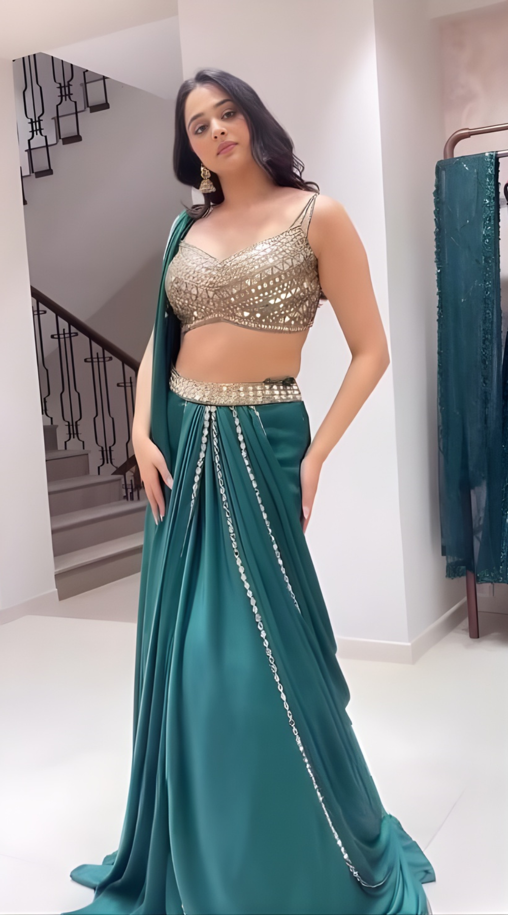 Green Premium Georgette Mirror Work Pre-Draped Saree with Blouse