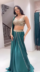 Green Premium Georgette Mirror Work Pre-Draped Saree with Blouse