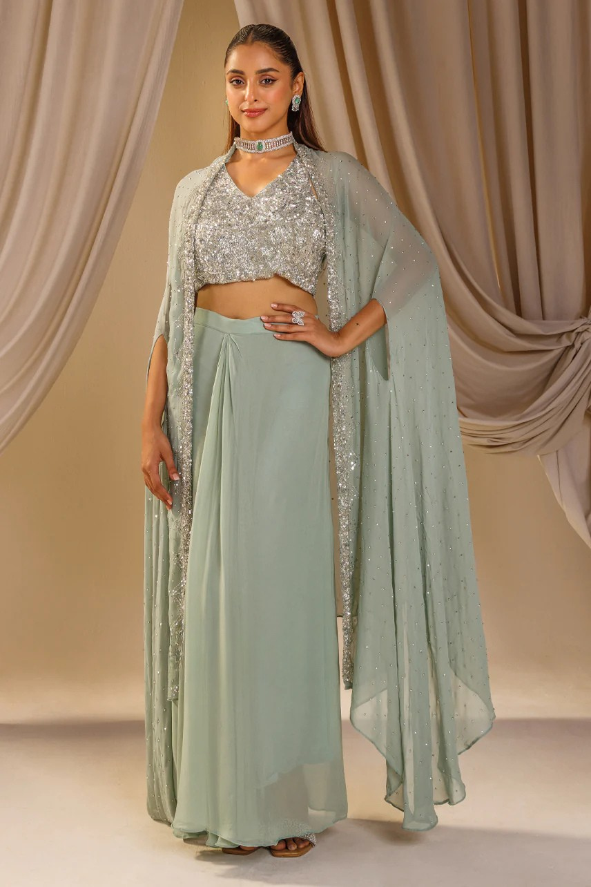Pastel Majesty Georgette Cape Set - Indo-Western