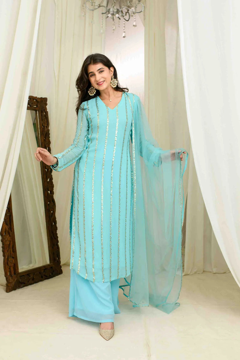 Light Blue And Gold Kurta Set With Pallazo