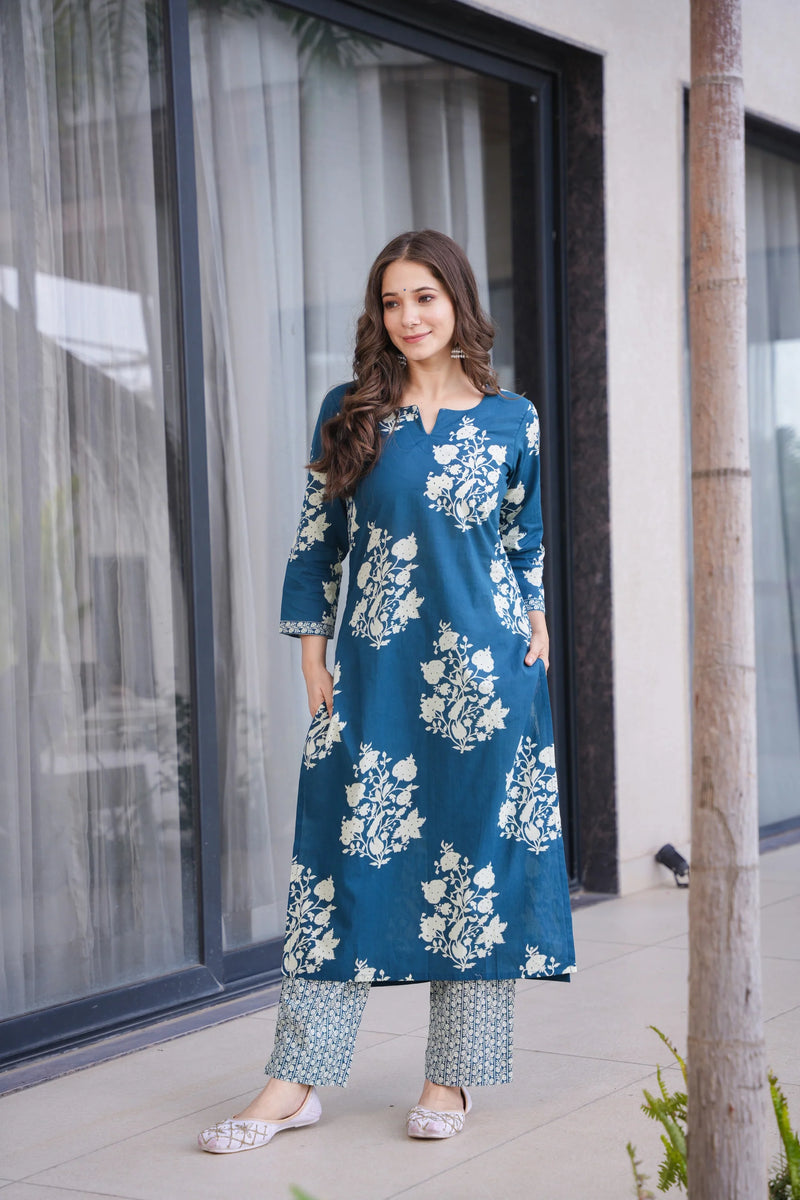 Ramya Blue Cotton Suit Set- By Reet Lifestyle